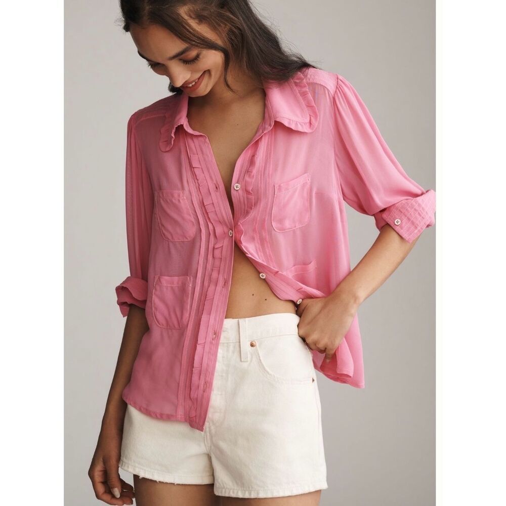 Maeve Sheer Chiffon Buttondown Shirt Pink Anthropologie NWT Size Small